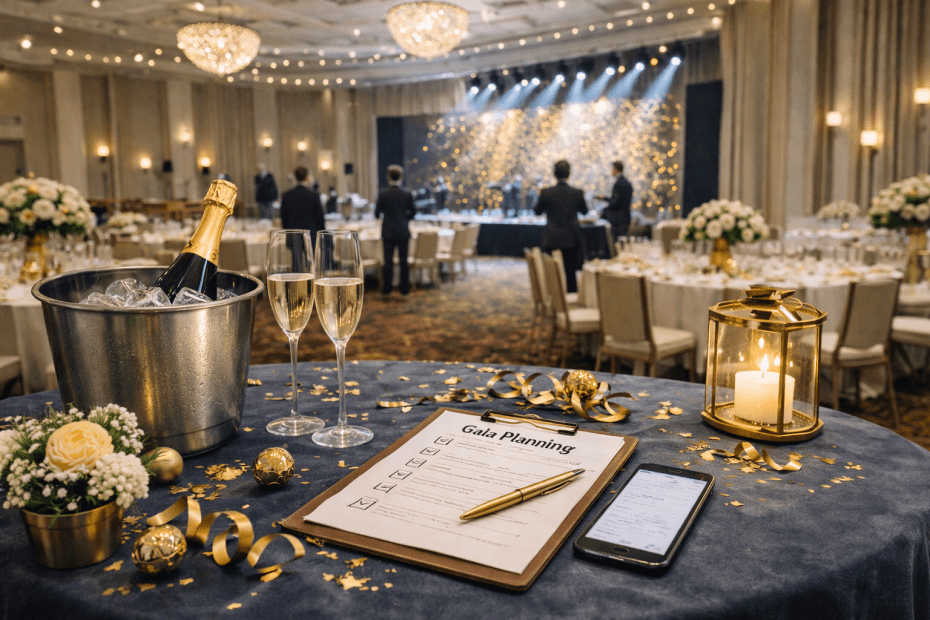 Przygotowania do gali firmowej w eleganckiej sali bankietowej z ustawionymi stołami i sceną w tle